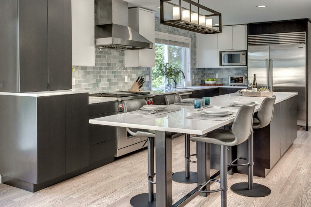 Kitchen with table island and stools