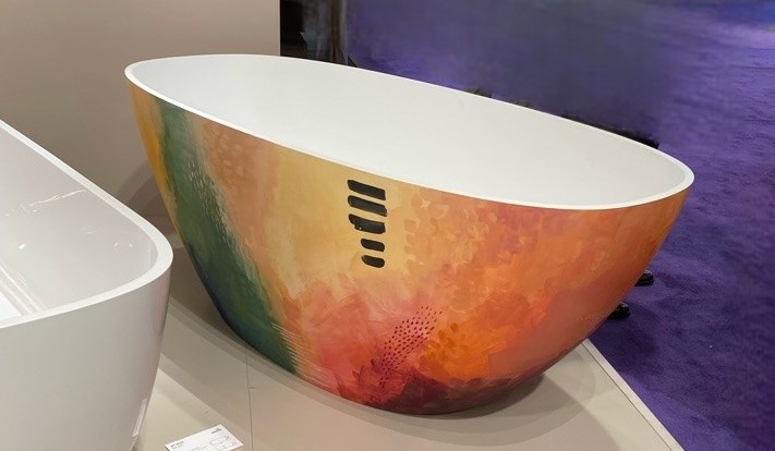Large, deep, soaking tub with unique & modern custom finish from 2023 KBIS