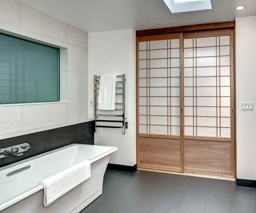 Natural elements, like these Custom Japanese shoji screens in this Bellevue bathroom, can help personalize the look of your bathroom